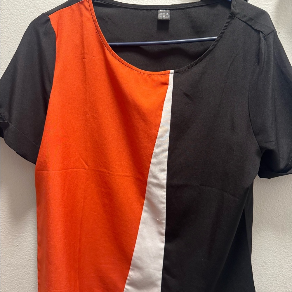SHEIN Black & Orange Colorblock Short Sleeve Top with White Stripe